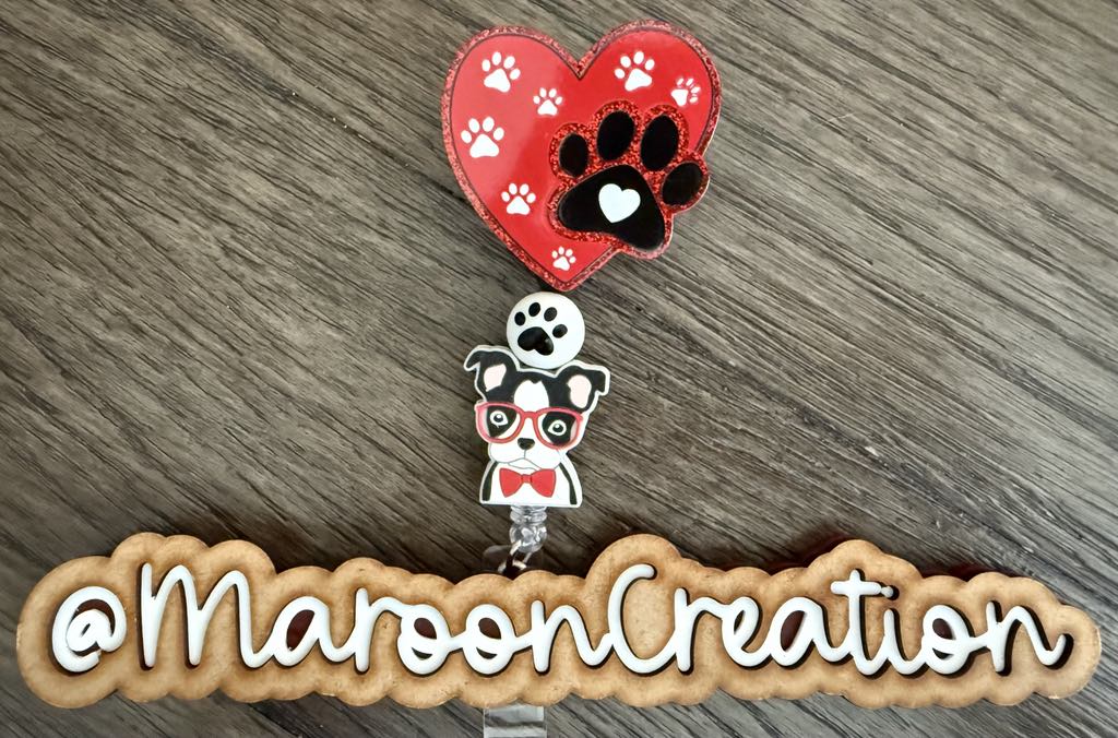 Puppers with Bow Tie Badge Reel