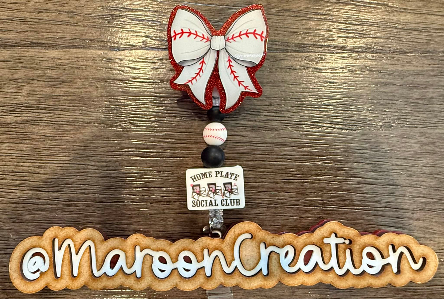 Home Plate Social Club Baseball Bow Badge Reel